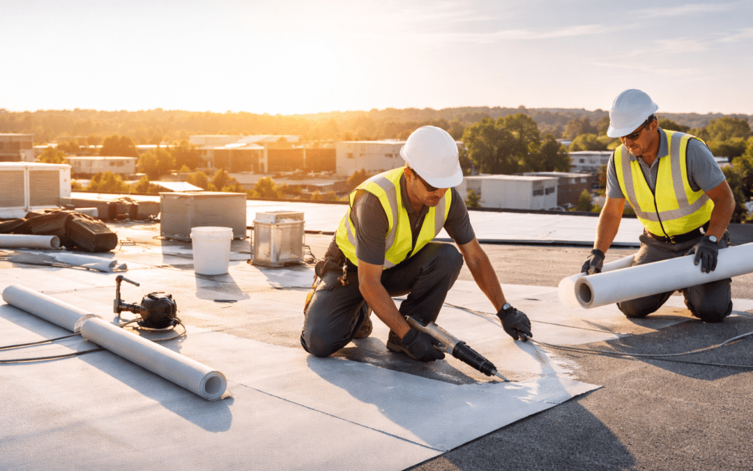Two construction workers in safety vests and helmets install roofing material on a flat roof at sunset, using tools and rolls of material.