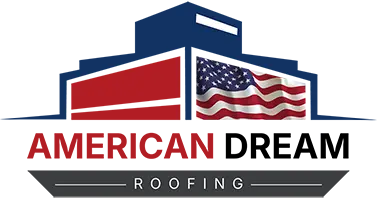 Logo for American Dream Roofing, featuring a building silhouette, an American flag, and the company name in bold red, black, and gray text.