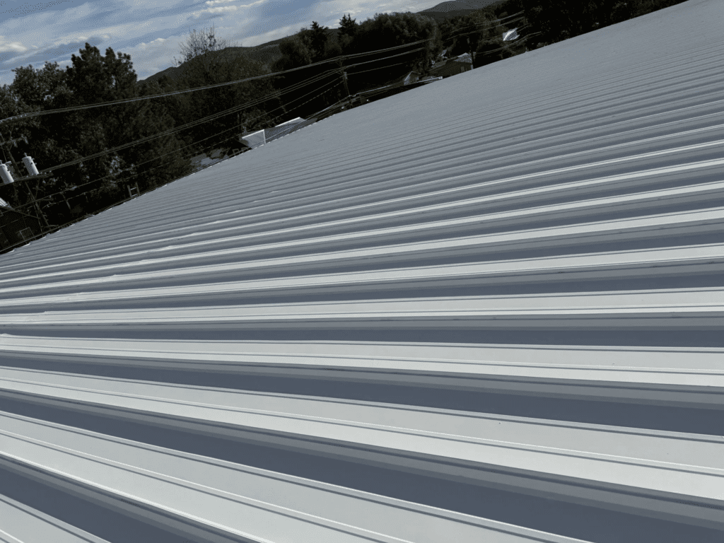 Metal roof with evenly spaced ridges, photographed at an angle under a partly cloudy sky, with trees and power lines in the background.