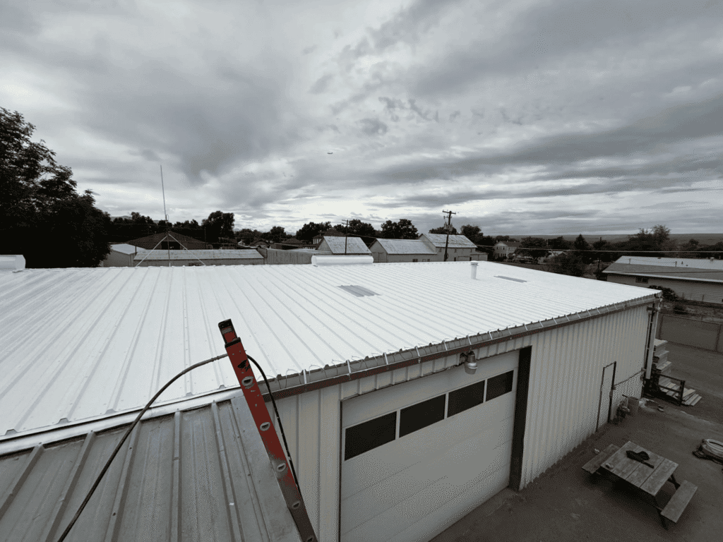 A view of a large metal building with a white, reflective roof coating, a red ladder leaning on the side, and overcast skies overhead. The reflective roof helps lower heat and reduce summer heat load. Other rooftops and trees are visible in the background.